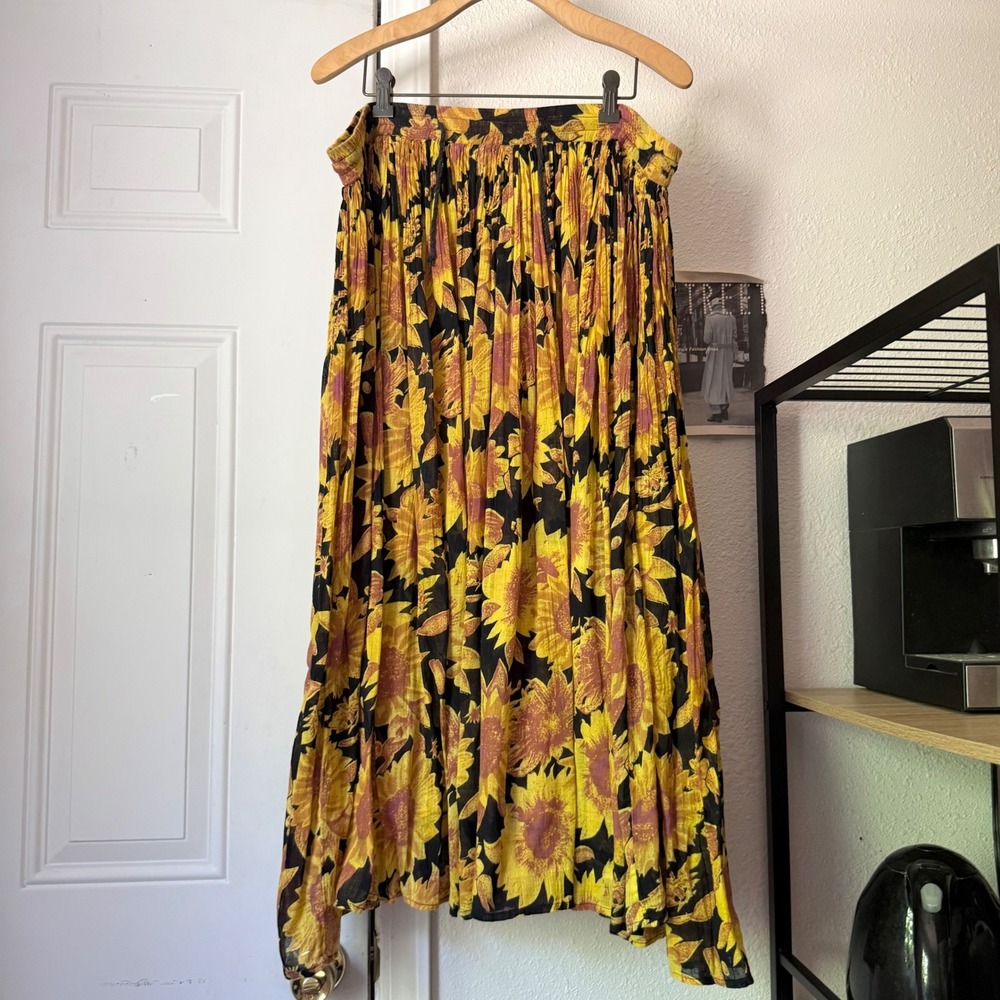 SHORT CIRCUIT black yellow sunflower floral sheer gauze full a-line midi skirt